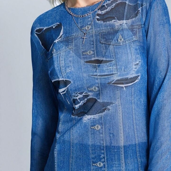 SHEIN SXY Distressed Denim LIKE Long Sleeve Top - Sz 6 US/M - NIP - Picture 11 of 13